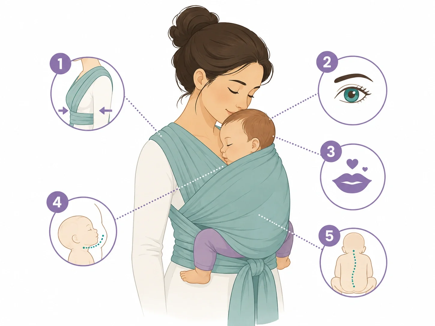Illustration showing correct T.I.C.K.S. babywearing safety positioning