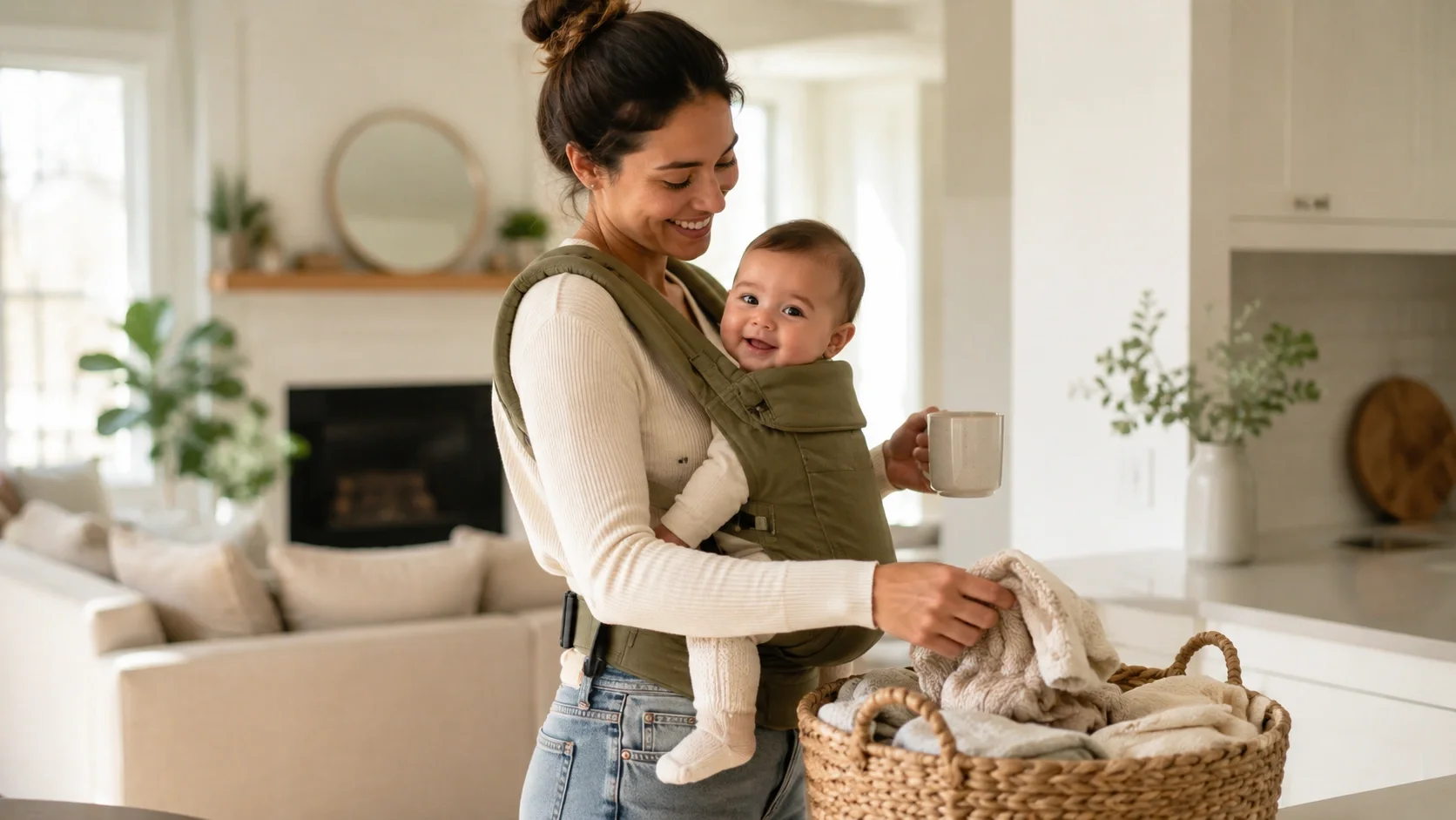 Happy parent babywearing while doing daily activities