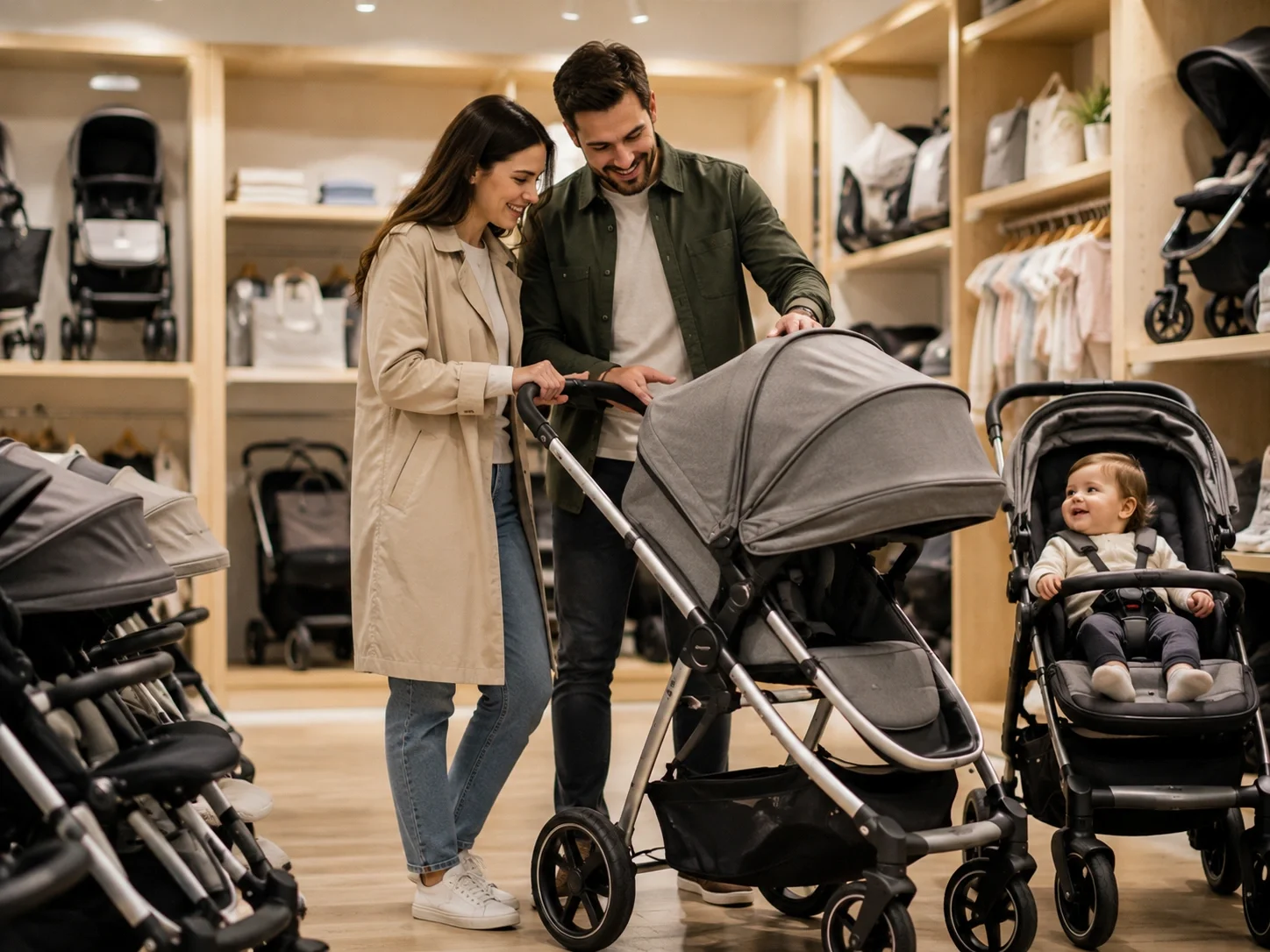 Family choosing stroller in store