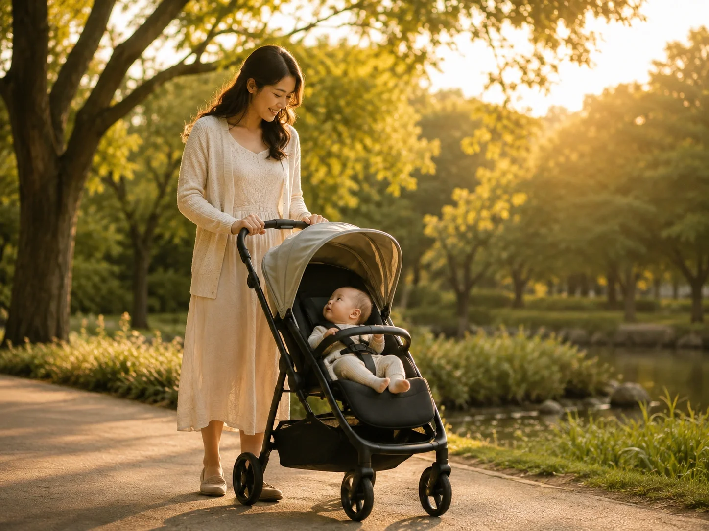 Parent pushing stroller in park