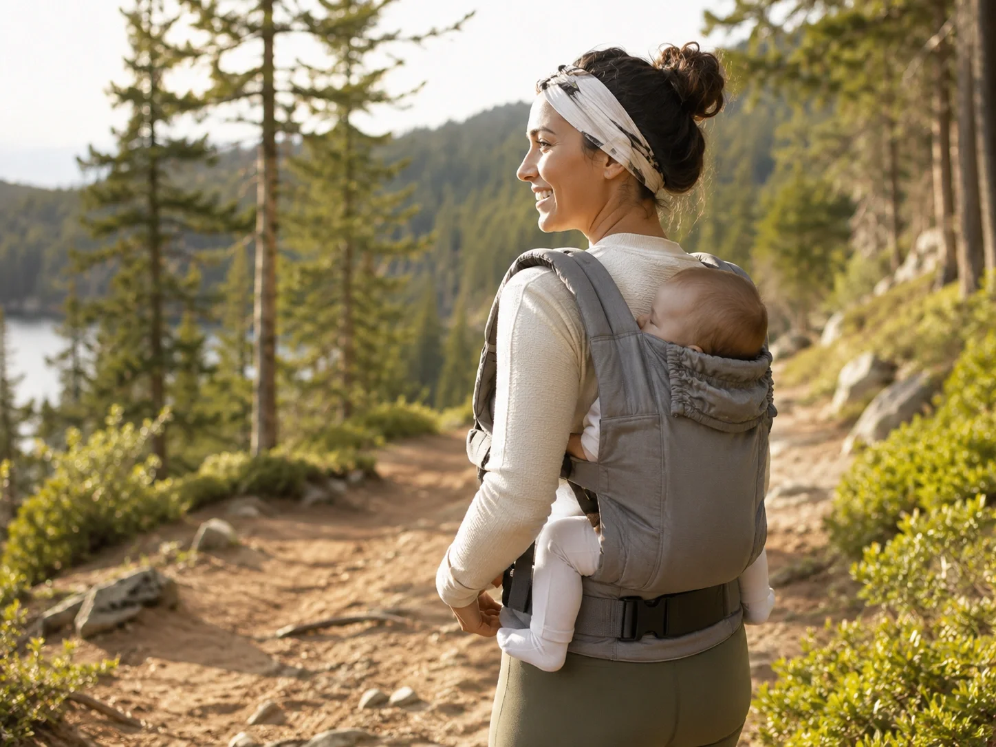 Parent wearing an ergonomic structured baby carrier on a walk