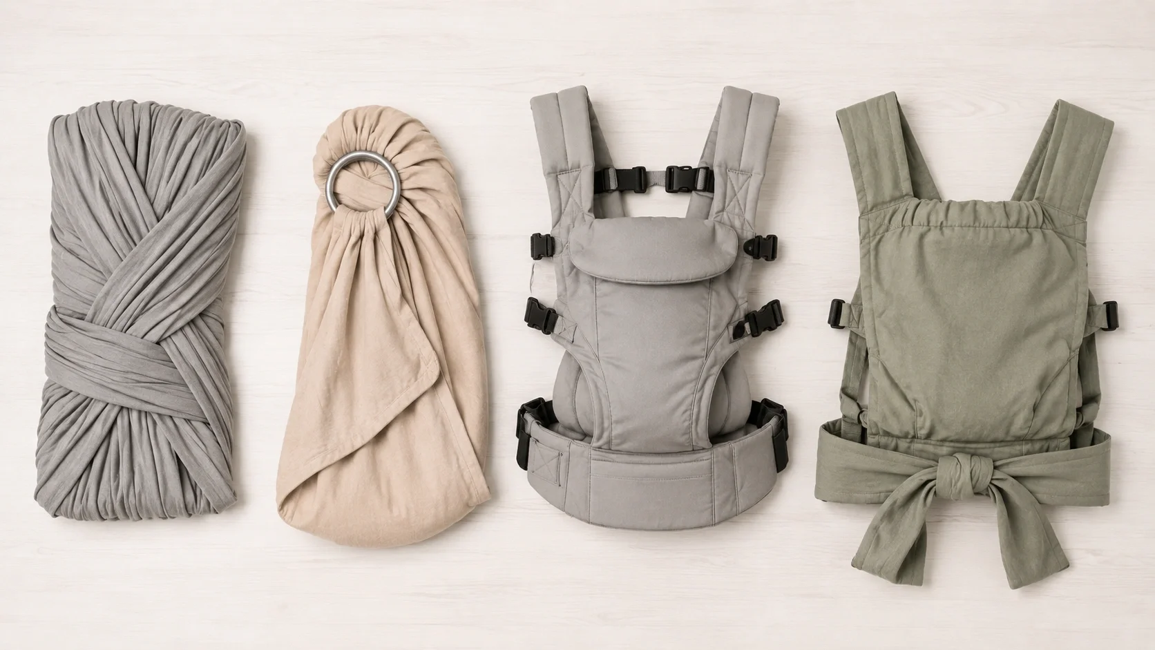 Four types of baby carriers: wrap, ring sling, structured carrier, and mei tai side by side